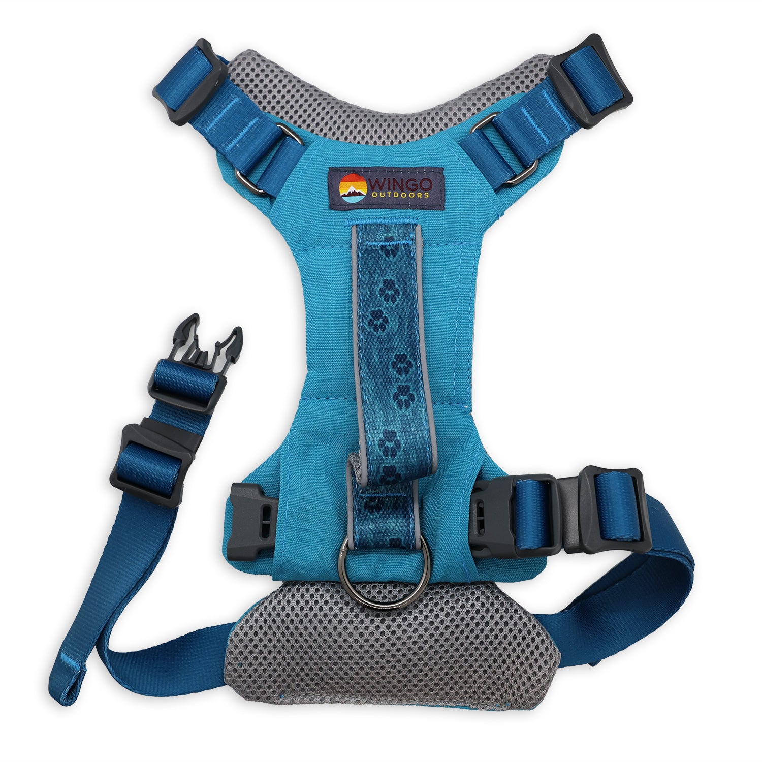 Blue dog harness with gray padding and Wingo Outdoors logo on a white background