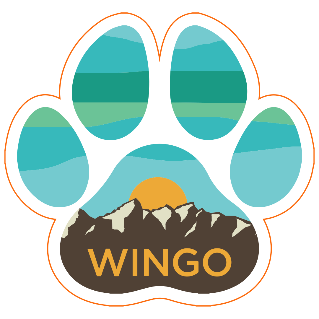 Paw-shaped sticker with teal landscape patterns and a mountain scene at the base, featuring a sunrise and the word ‘WINGO.