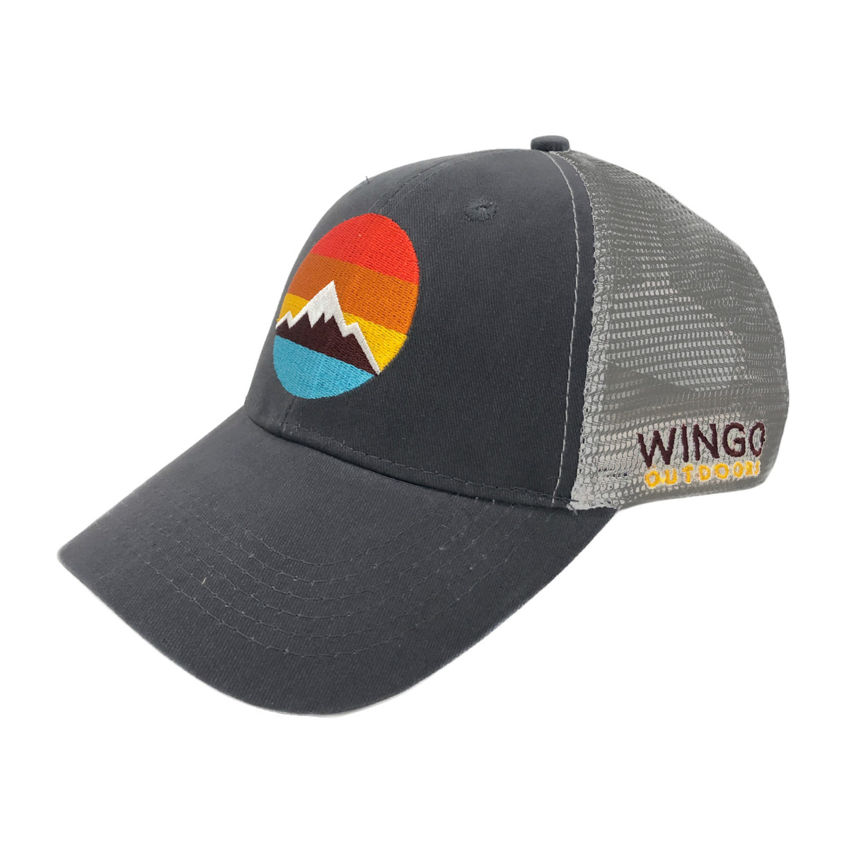 Angled side view of a gray and white mesh trucker hat featuring a colorful mountain logo on the front and a “Wingo Outdoors” logo on the side panel.