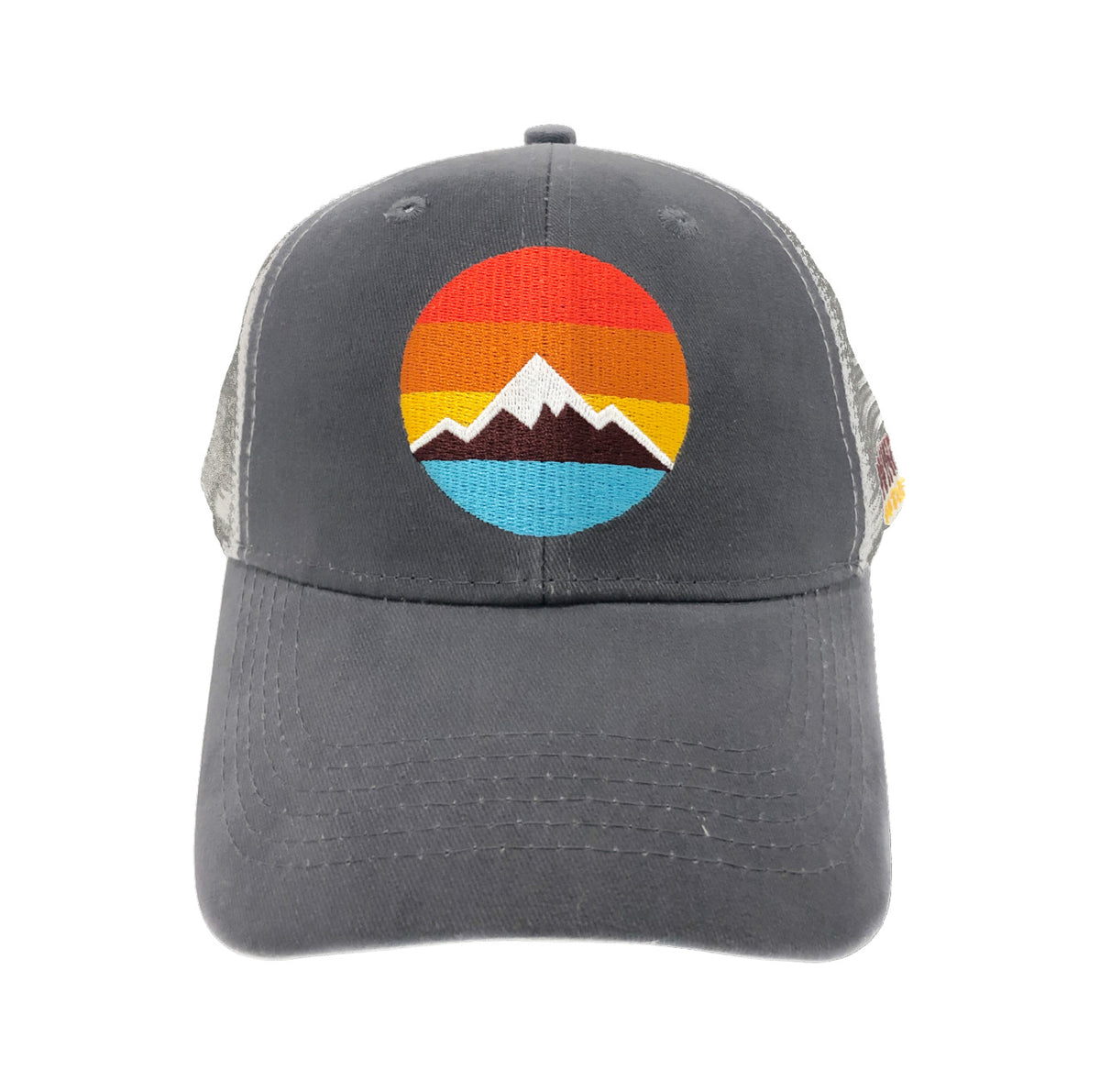 Gray baseball cap with a circular retro mountain-and-sunset logo embroidered on the front.