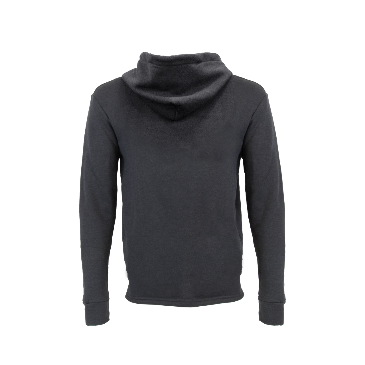 Back view of a dark gray hooded sweatshirt on a transparent background.